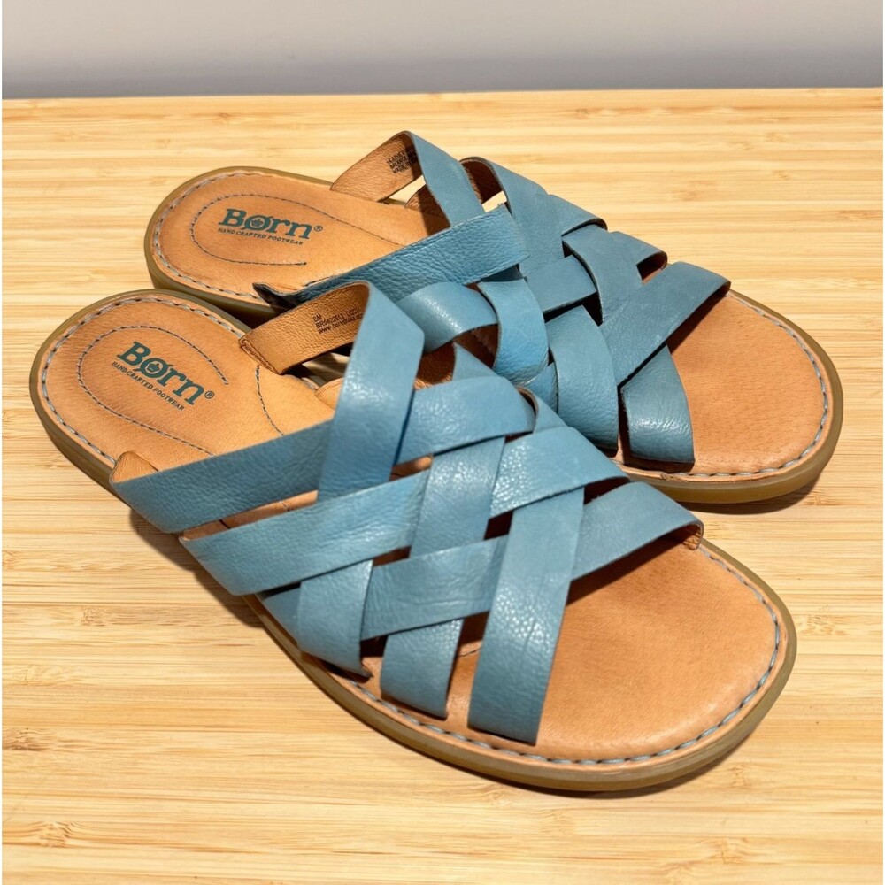BORN Women's Isle Slide Sandals Blue Leather Woven Strappy Flat Slip-On 8M